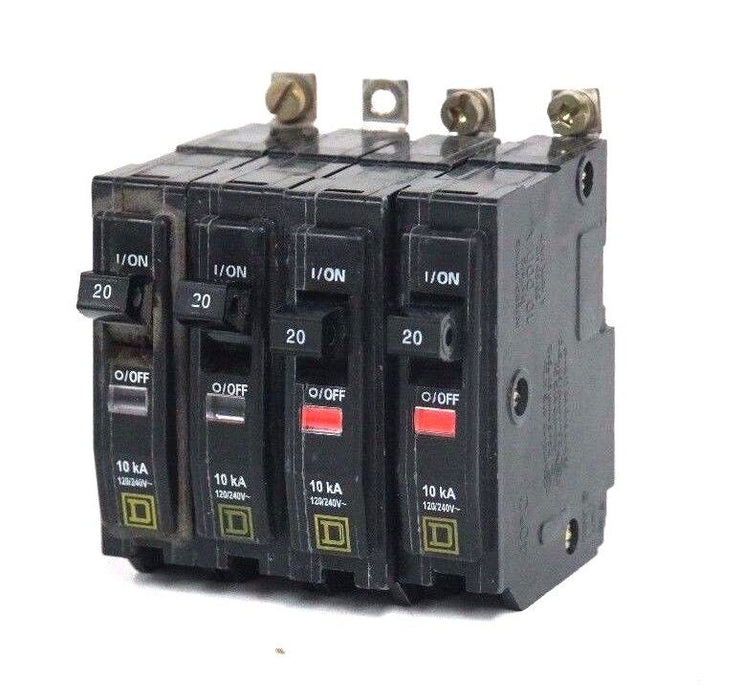 LOT OF 4 SQUARE D TYPE QOB-20 CIRCUIT BREAKERS 20 AMP, 1 POLE, QOB20