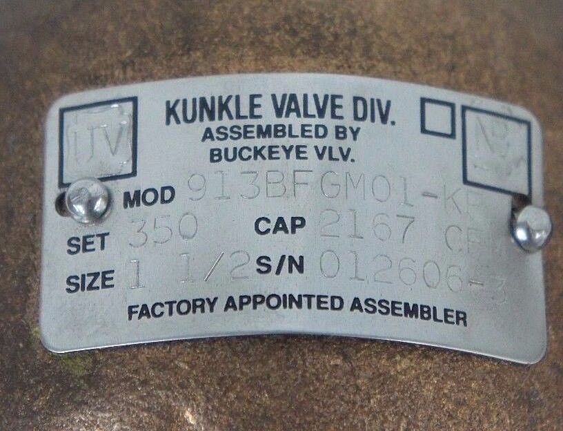 NEW KUNKLE 913BFGM01-KE RELEIF VALVE SET: 350 CAP: 2167 CFM SIZE: 1 1/2 913BFGM0