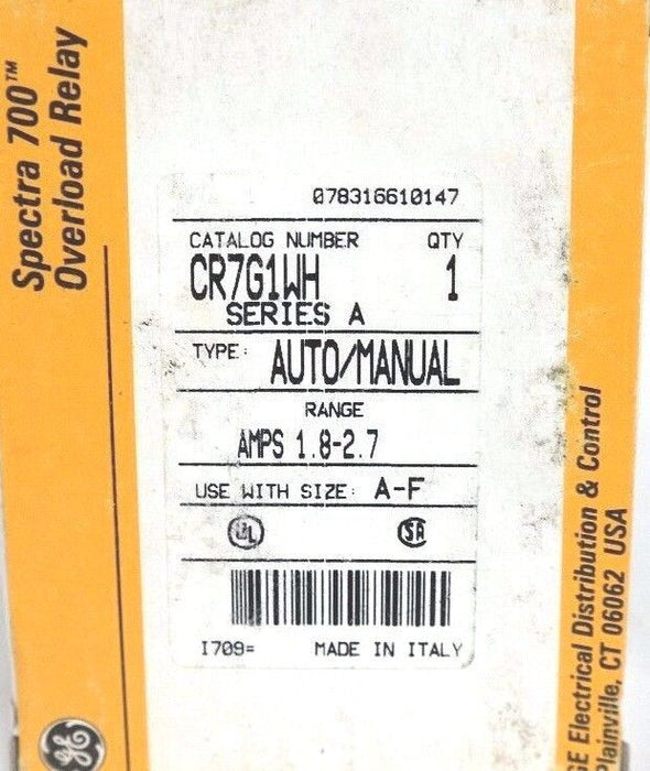 GENERAL ELECTRIC CR7G1WH SPECTRA 700 OVERLOAD RELAY SERIES A TYPE:AUTO/MANUAL