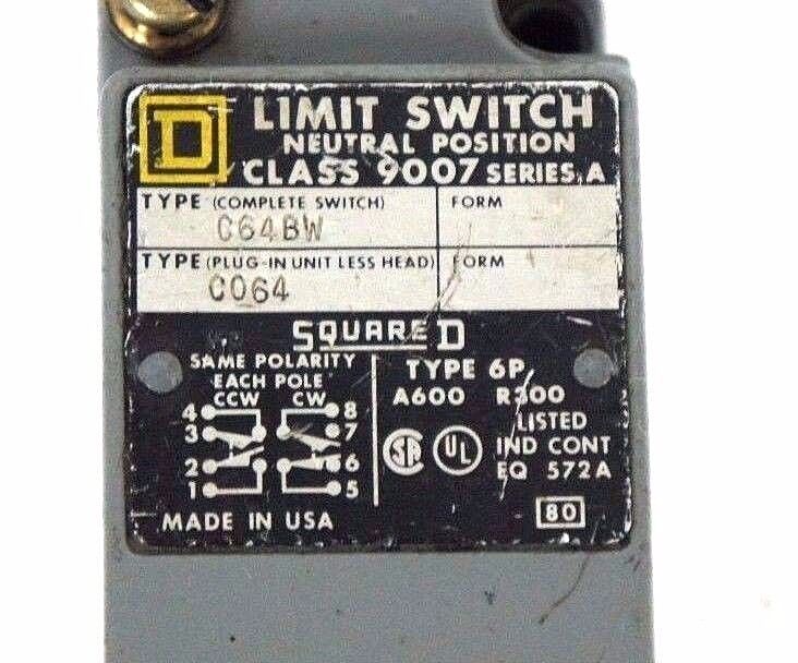 SQUARE D 9007-C64BW LIMIT SWITCH 900T-CT-64 RECEPTACLE 9007 TYPE E HEAD SER A