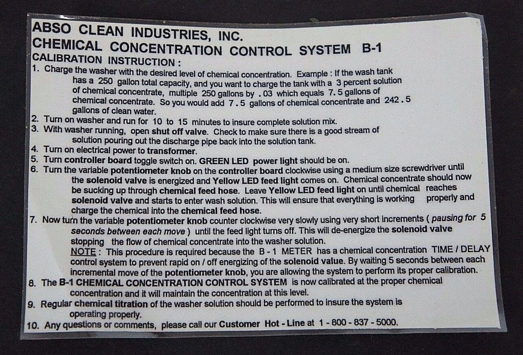 NIB ABSO CLEAN CHEMICAL CONCENTRATION CONTROL SYSTEM B-1