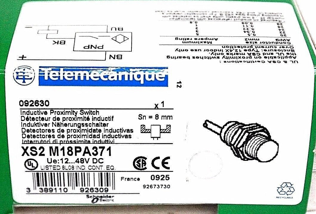 NIB TELEMECANIQUE XS2 M18PA371 INDUCTIVE PROXIMITY SWITCH 092630 UE:12...48V DC