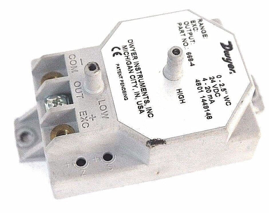 DWYER 668-4 SERIES 668 DIFFERENTIAL PRESSURE TRANSMITTER 0-25"WC, 24VDC, 4-20MA
