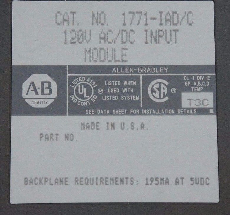 ALLEN BRADLEY 1771-IAD/C INPUT MODULE 16-POINT SER. C, 1771IADC