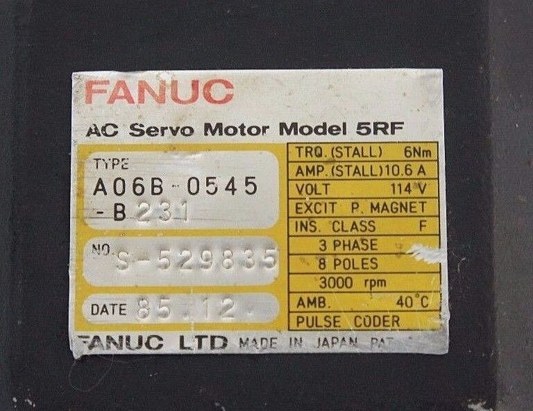 FANUC A06B-0545-B231 AC SERVO MOTOR MODEL 5RF, A06B0545B231 W/ A860-0320-T011