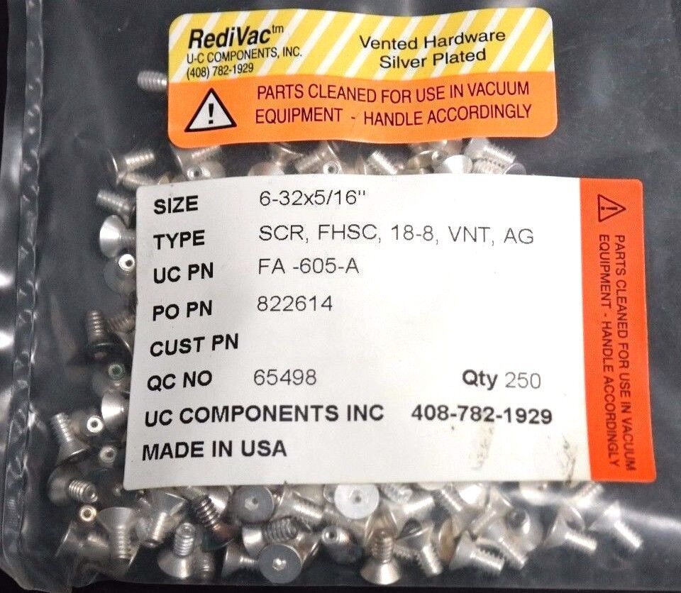BAG OF 250 REDIVAC VENTED SILVER PLATED SCREWS 6-32X5/16" HEX HEAD FA-605-A