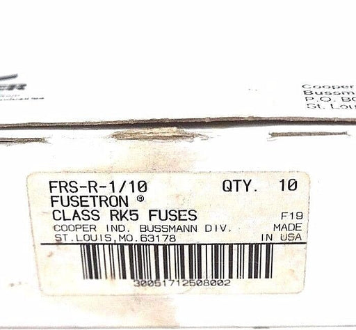 NIB COOPER BUSSMANN FRS-R-1/10 FUSETRON CLASS RK5 FUSES FRSR110, 600V (BOX OF 9)