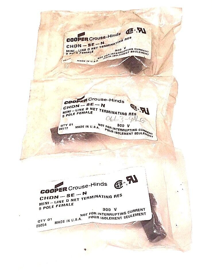 LOT OF 3 NEW COOPER CHDN-SE-N TERMINATING RESISTORS, 300V, 5POL, FEMALE, CHDNSEN