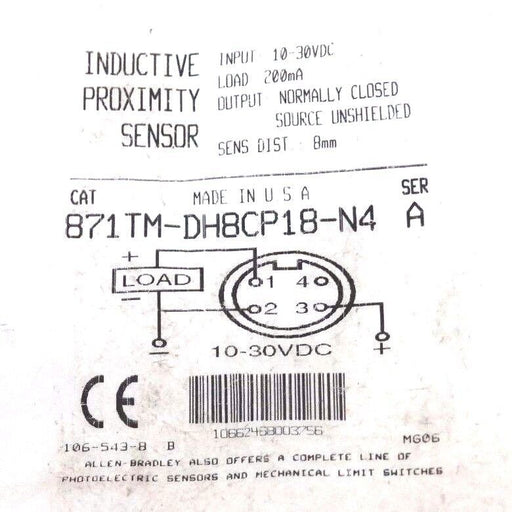 NIB ALLEN BRADLEY 871TM-DH8CP18-N4 SER. A INDUCTIVE PROXIMITY SENSOR 10-30VDC