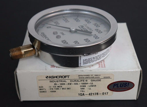 NIB ASHCROFT 35-1009-AW-02L-1000#-LL DURALIFE GAUGE 3-1/2 INCH, 1QA-42178-017