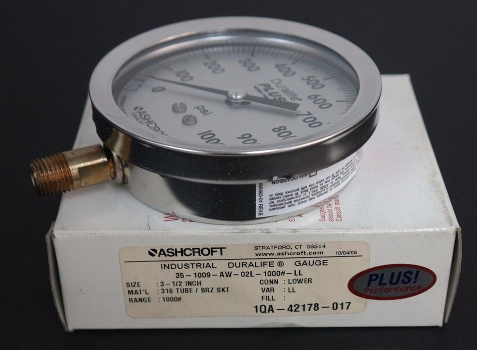 NIB ASHCROFT 35-1009-AW-02L-1000#-LL DURALIFE GAUGE 3-1/2 INCH, 1QA-42178-017