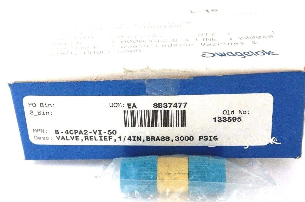 NIB SWAGELOK B-4CPA2-VI-50 RELIEF VALVE 1/4'', BRASS, 3000 PSIG, B4CPA2VI50