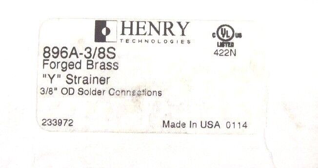 NIB HENRY 896A-3/8S FORGED BRASS "Y" STRAINER 3/8" OD SOLDER CONNECTION