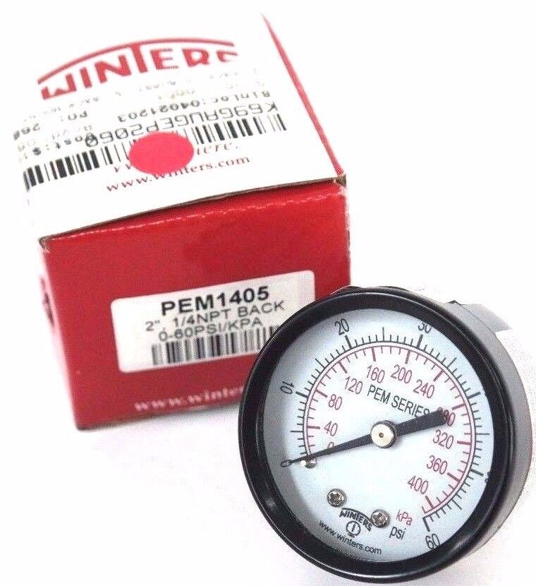 NIB WINTERS PEM1405 PRESSURE GAUGE 2'', 1/4NPT BACK, 0-60PSI/KPA