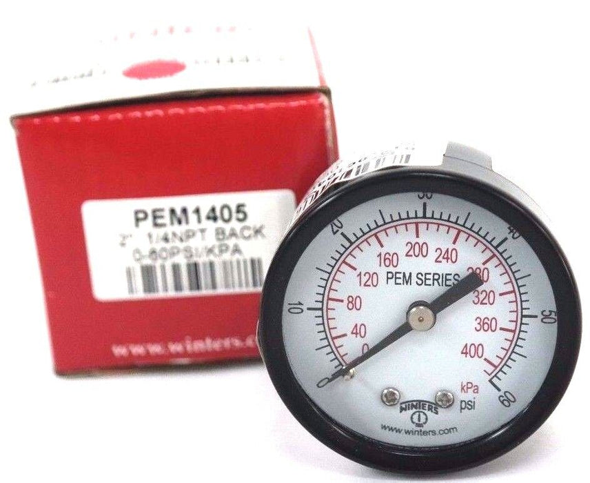 NIB WINTERS PEM1405 PRESSURE GAUGE 2'', 1/4NPT BACK, 0-60PSI/KPA