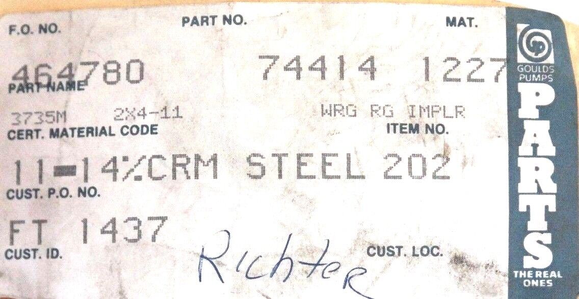 NEW GOULDS PUMP 74414-1227 WRG RG IMPLR 3735M 2X4-11 11-14%CRM STEEL 202