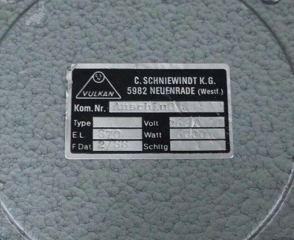 SCHNIEWINDT VULKAN EL: 87.0 FDAT: 2/88 VOLT: 266/460 WATTS: 6000 KOM.NR. ANSCH