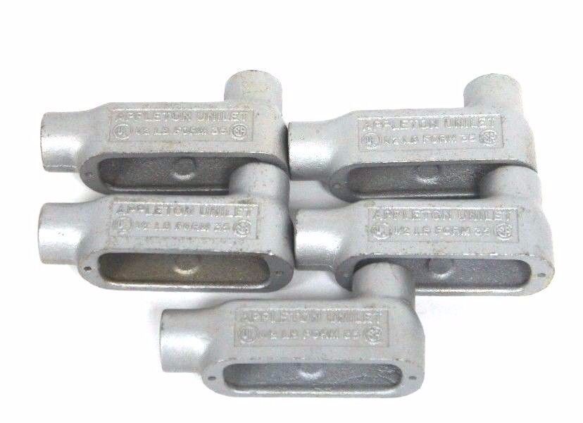 LOT OF 5 NEW APPLETON UNILET 1/2" LB FORM 35 ELBOW ENCLOSURES 4.5 CU IN