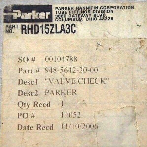 BOX OF 2 NEW PARKER RHD15ZLA3C NON RETURN CHECK VALVES 948-5642-30-00 RHD4ZL