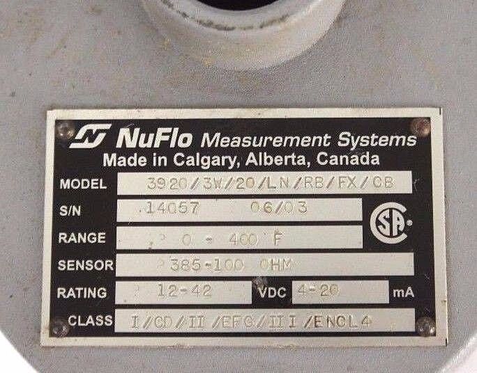 NUFLO 3920/3W/20/LN/RB/FX/CB TRANSMITTER TEMPERATURE THERMOCOUPLE 0-400F