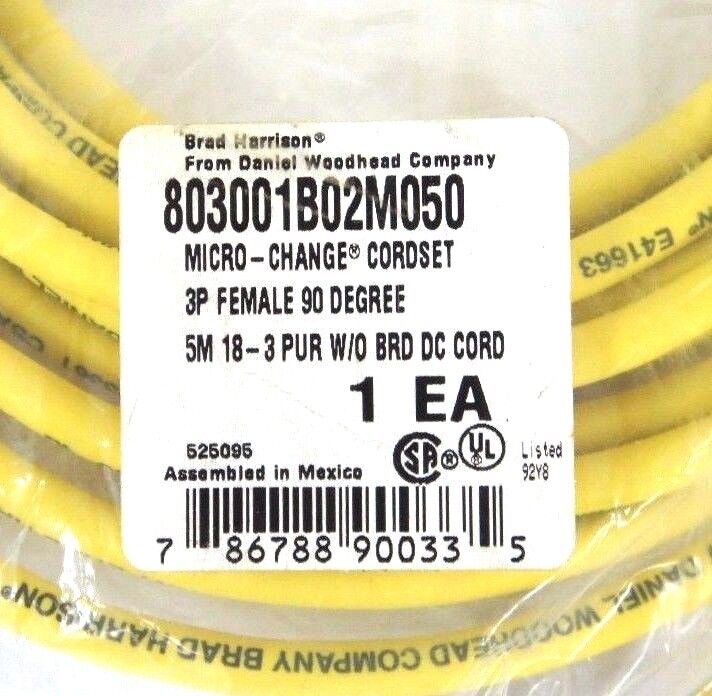 NEW BRAD HARRISON 803001B02M050 MICRO-CHANGE CORDSET 3P FEMALE 90 DEGREE