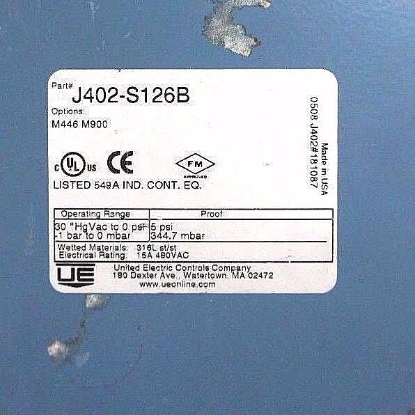 NEW UNITED ELECTRIC J402-S126B PRESSURE CONTROL SWITCH, J402S126B