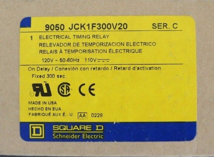 NIB SQUARE D 9050-JCK1F300V20 SER. C ELECTRICAL TIMING RELAY 120V 50-60HZ 110V