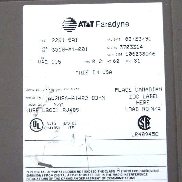 AT&T PARADYNE 3510-A1-001 MODEM 115VAC 0.2AMPS 60HZ S1REV, 3510A1001