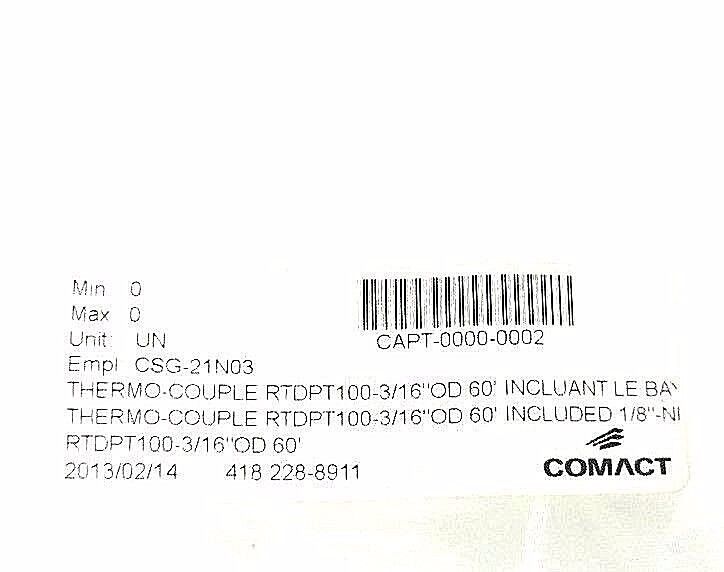 NEW COMACT RTDPT100-3/16"OD 60' THERMO COUPLE, CSG-21N03