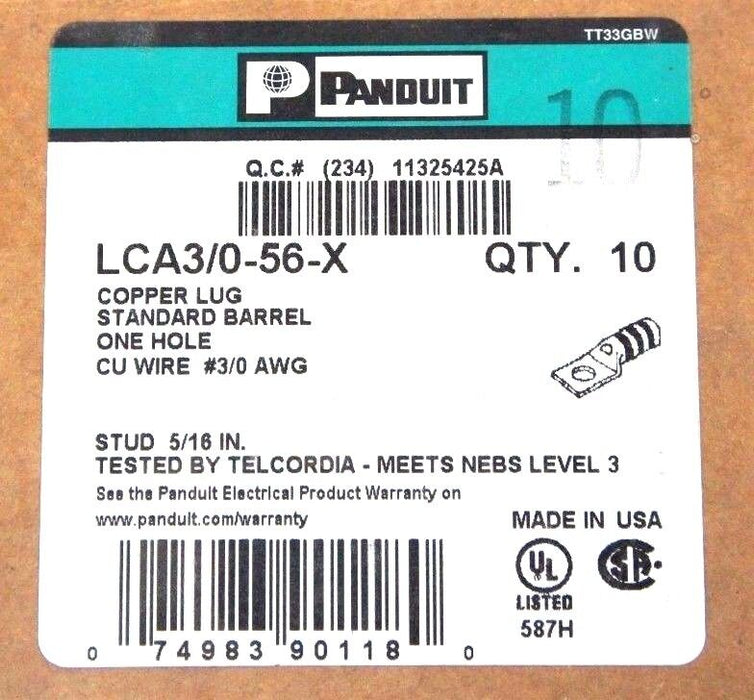 BOX OF 4 NEW PANDUIT LCA3/0-56-X COPPER LUGS STANDARD BARREL ONE HOLE