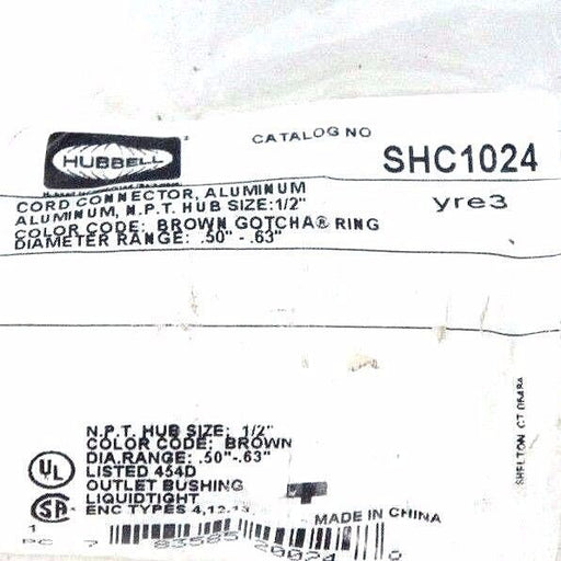 LOT OF 9 NEW HUBBELL SHC1024 CORD CONNECTORS, ALUMINUM N.P.T. HUB SIZE: 1/2''