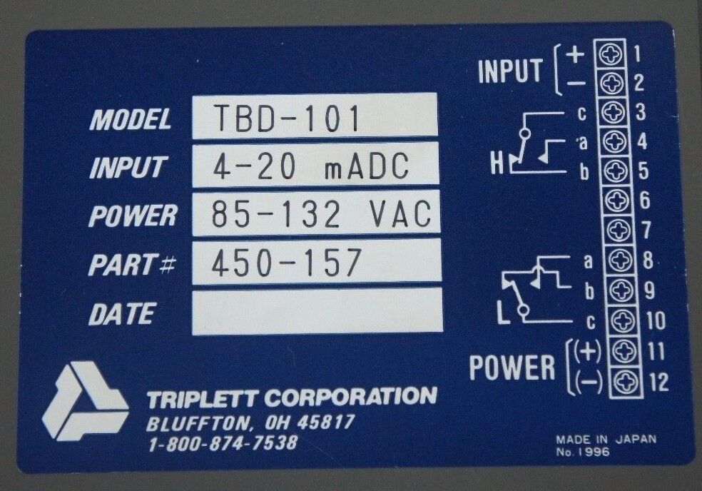 NIB TRIPLETT CORP TBD-101 BARGRAPH INDICATOR PART# 450-157 4-20MADC 85-132VAC