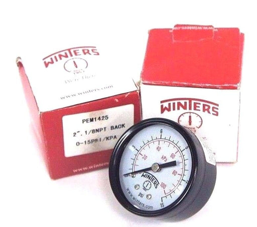 LOT OF 2 NIB WINTERS PEM1425 PRESSURE GAUGES 2" FACE, 1/8" NPT, 0-15PSI