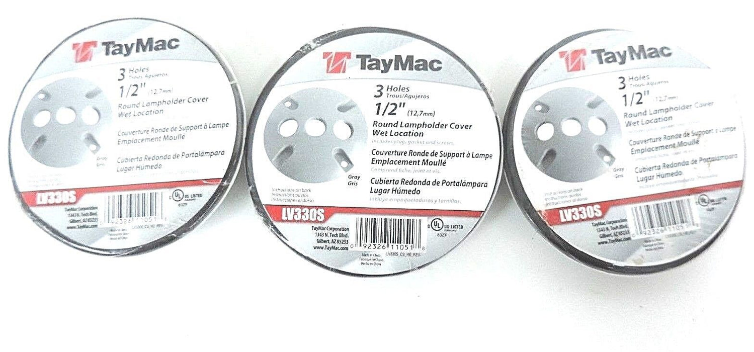 LOT OF 3 NEW TAYMAC LV330S ROUND LAMPHOLDER COVER 3 HOLE 1/2IN GRAY