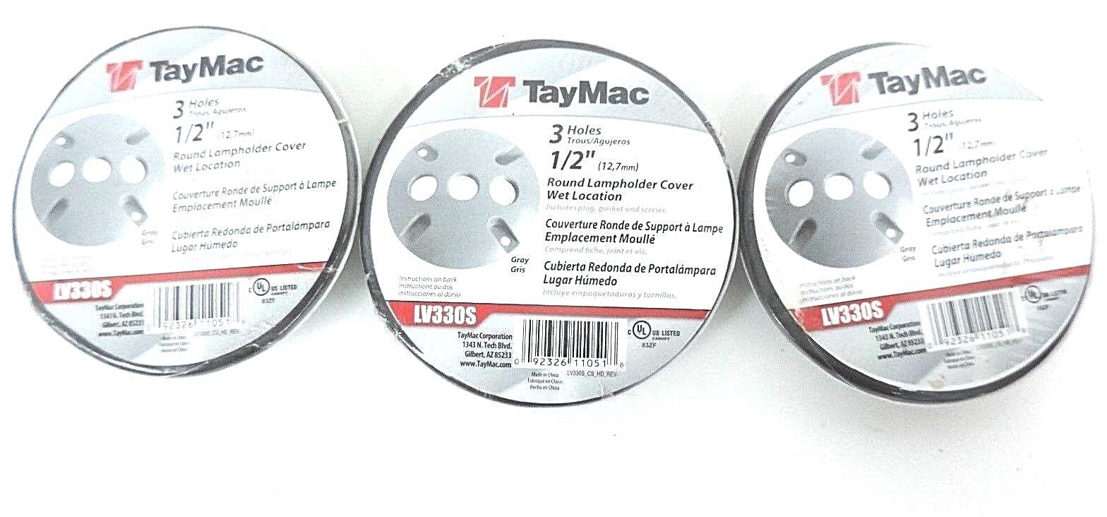 LOT OF 3 NEW TAYMAC LV330S ROUND LAMPHOLDER COVER 3 HOLE 1/2IN GRAY