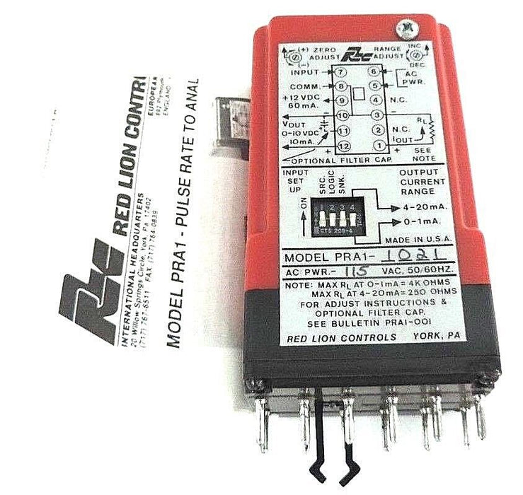 NIB RED LION PRA11021 PULSE RATE TO ANALOG CONVERTER 115VAC, 50/60HZ