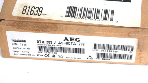 NIB AEG MODICON DTA 202 / AS-HDTA-202 SECONDARY SUBRACK, 2-SLOT, 042244868, 7628