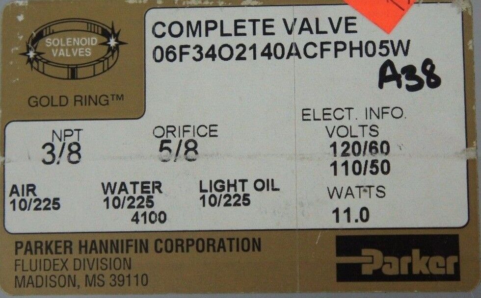 NIB PARKER 06F34O2140ACFPH05W SOLENOID VALVE 3/8" NPT, 5/8" ORIFICE