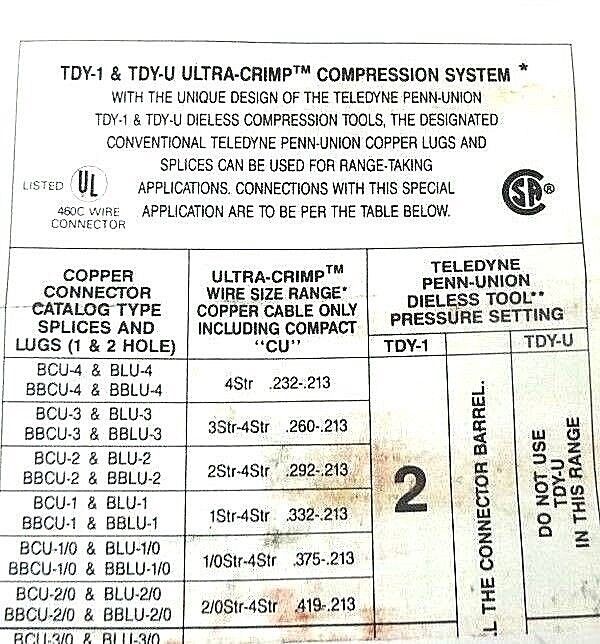 BOX OF 9 NEW TELEDYNE PENN-UNION BBLU-035D COPPER CRIMPS RED 1/2" BBLU035D