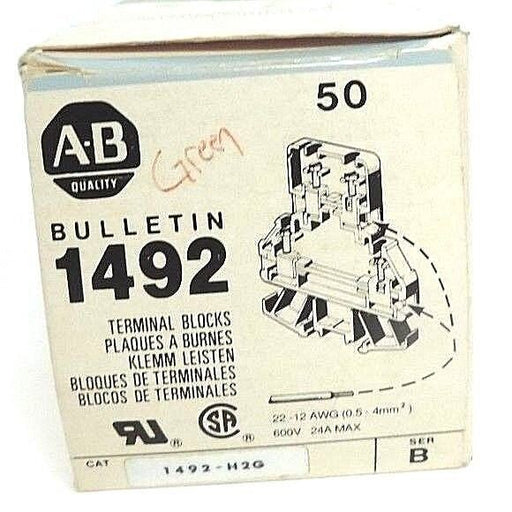 BOX OF 25 NEW ALLEN BRADLEY 1492-H2G SER. B GREEN TERMINAL BLOCKS 1492H2G