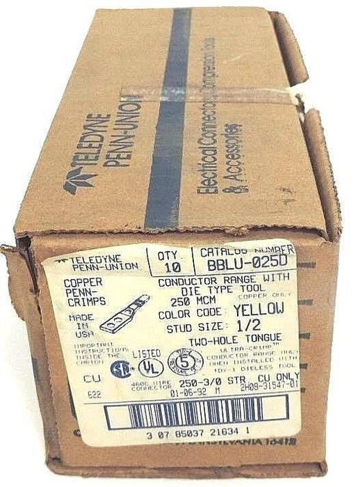 BOX OF 10 NEW TELEDYNE PENN-UNION BBLU-025D COPPER CRIMPS YELLOW 1/2"