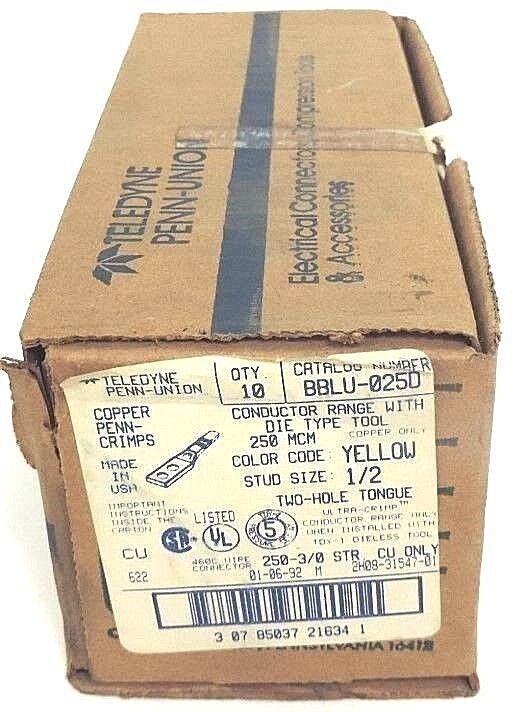 BOX OF 10 NEW TELEDYNE PENN-UNION BBLU-025D COPPER CRIMPS YELLOW 1/2"
