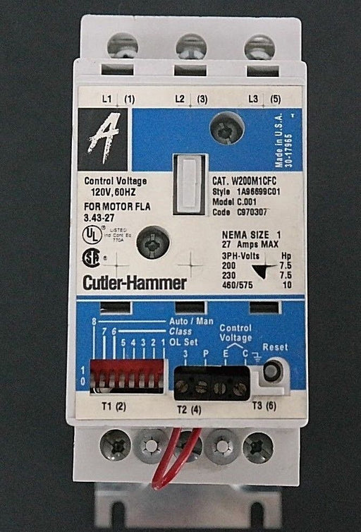 CUTLER HAMMER W200M1CFC STARTER STYLE: 1A96699C01 MODEL: C.001, SIZE 1, 27AMPS