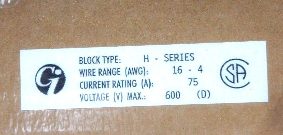 LOT OF 6 NIB CI CURTIS 260020000 BLOCK TYPE H-SERIES H-20, 600V, 75A, 16-4AWG