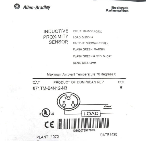 NEW ALLEN BRADLEY 871TM-B4N12-N3 PROX. SENSOR 871TMB4N12N3, SER. B