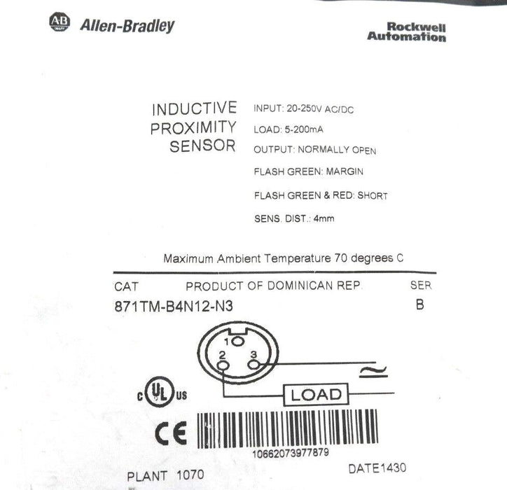 NEW ALLEN BRADLEY 871TM-B4N12-N3 PROX. SENSOR 871TMB4N12N3, SER. B