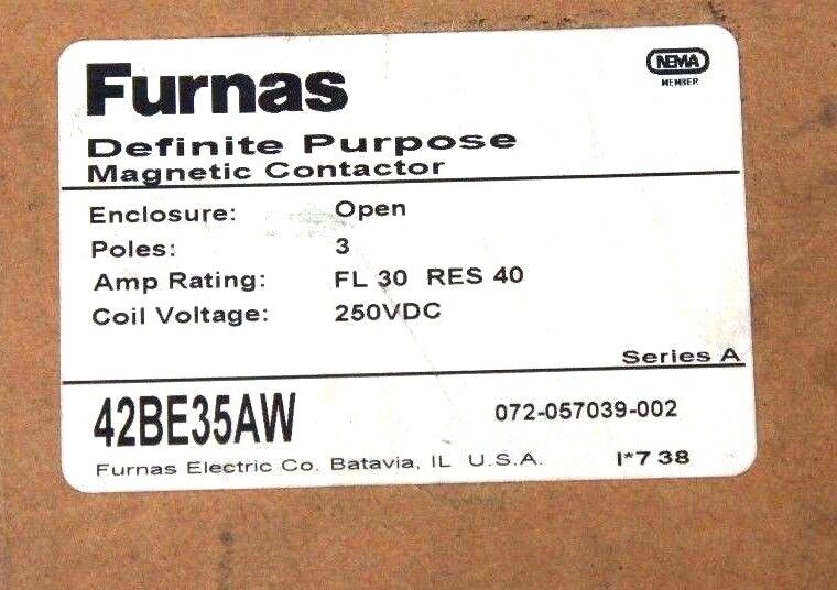 NIB FURNAS 42BE35AW MAGNETIC CONTACTOR 3 POLE, FL 30 RES 40, 250VDC