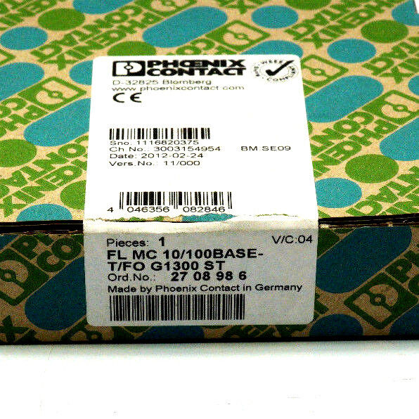 NIB PHOENIX CONTACT FL MC 10/100BASE-T/FO G1300 ST - 2708986 FO CONVERTER V/C 04