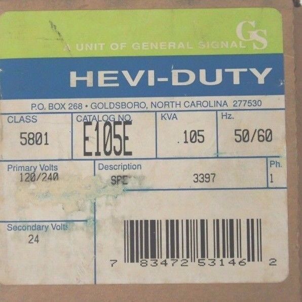 NIB GENERAL SIGNAL E105E TRANSFORMER CLASS 5801, .105 KVA, 50/60HZ, 120/240VOLTS