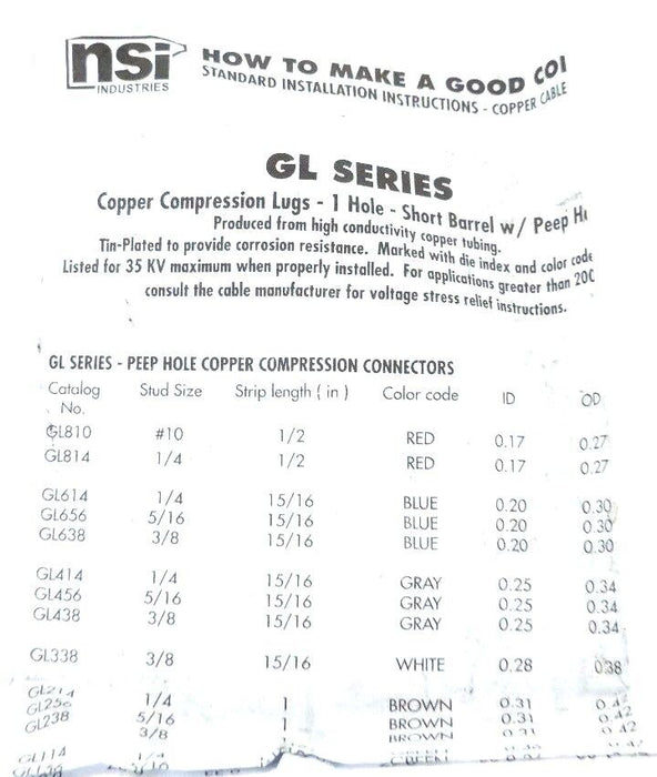 NIB NSI GL3038 COPPER COMPRESSION PEEP HOLE, SHORT BARREL, ONE HOLE - QTY 25